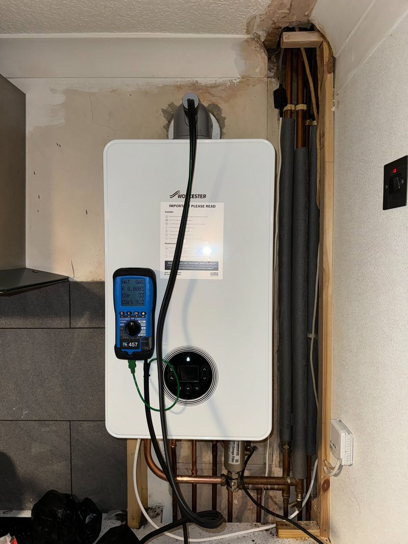Boiler being tested with a flue gas analyser